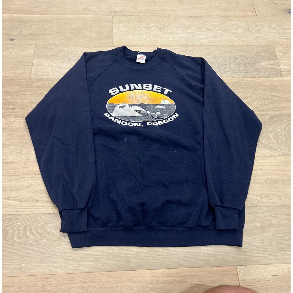Vintage 80's Bandon Oregon Sunset Sweatshirt Navy Blue XXXL Made in USA